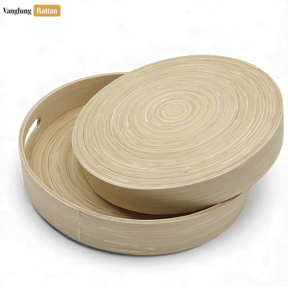 Rattan Export Set Round Coiled Bamboo Serving Trays - Nesting Natural Design - REX-STRO061002NASE