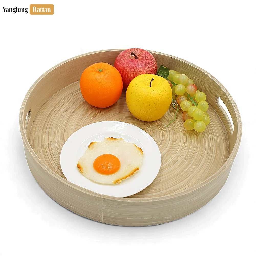 Rattan Export Set Round Coiled Bamboo Serving Trays - Nesting Natural Design - REX-STRO061002NASE