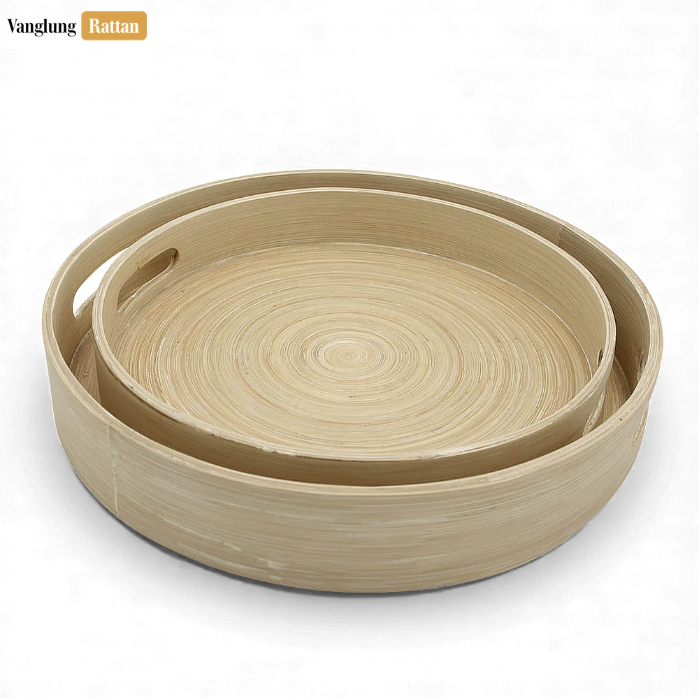 Rattan Export Set Round Coiled Bamboo Serving Trays - Nesting Natural Design - REX-STRO061002NASE