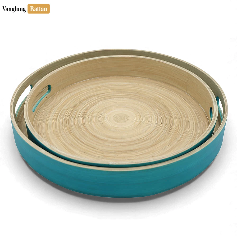 Rattan Export Set Round Coiled Bamboo Serving Trays - Nesting Blue & Natural Design - REX-STRO061002BLSE