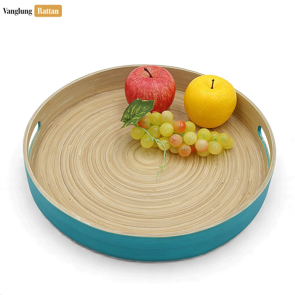 Rattan Export Set Round Coiled Bamboo Serving Trays - Nesting Blue & Natural Design - REX-STRO061002BLSE