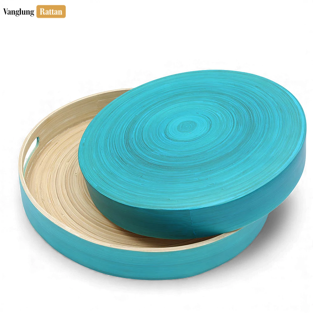 Rattan Export Set Round Coiled Bamboo Serving Trays - Nesting Blue & Natural Design - REX-STRO061002BLSE