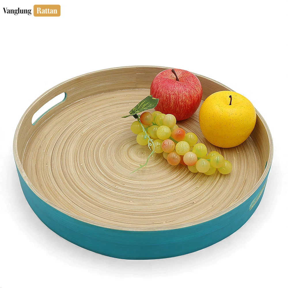Rattan Export Set Round Coiled Bamboo Serving Trays - Nesting Blue & Natural Design - REX-STRO061002BLSE