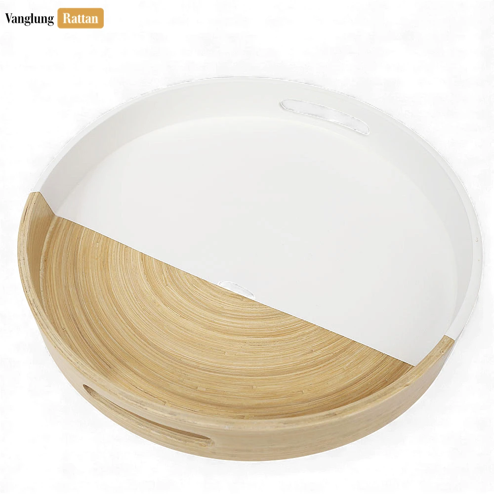 Rattan Export Round Coiled Bamboo Serving Tray - Modern White & Natural Color-Block Design - REX-STRO061001WH