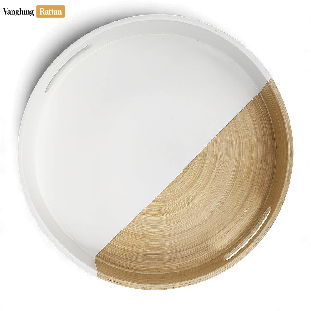 Rattan Export Round Coiled Bamboo Serving Tray - Modern White & Natural Color-Block Design - REX-STRO061001WH