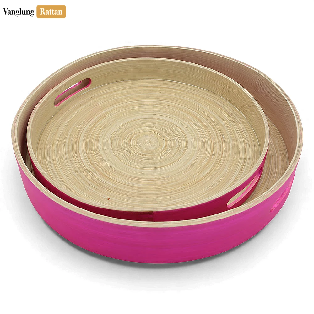 Rattan Export Set Round Coiled Bamboo Serving Tray - Modern Pink & Natural Color-Block Design - REX-STRO061001PISE