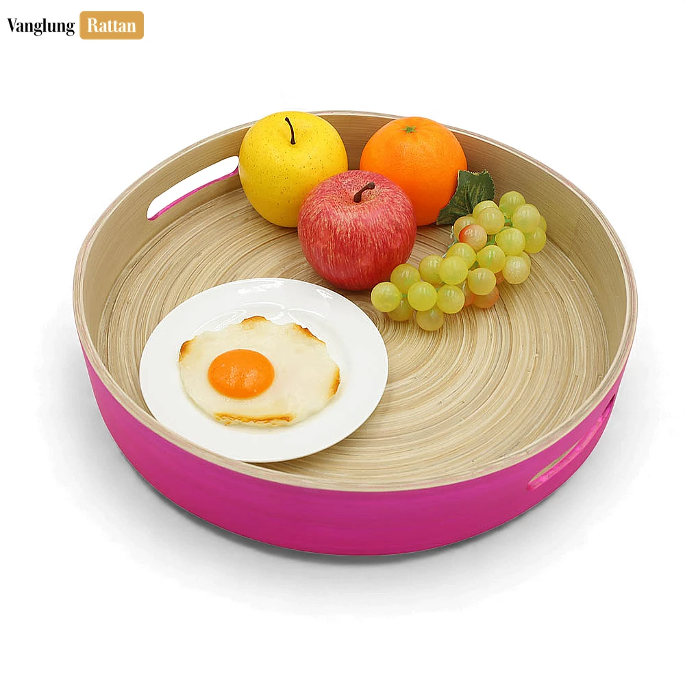 Rattan Export Set Round Coiled Bamboo Serving Tray - Modern Pink & Natural Color-Block Design - REX-STRO061001PISE