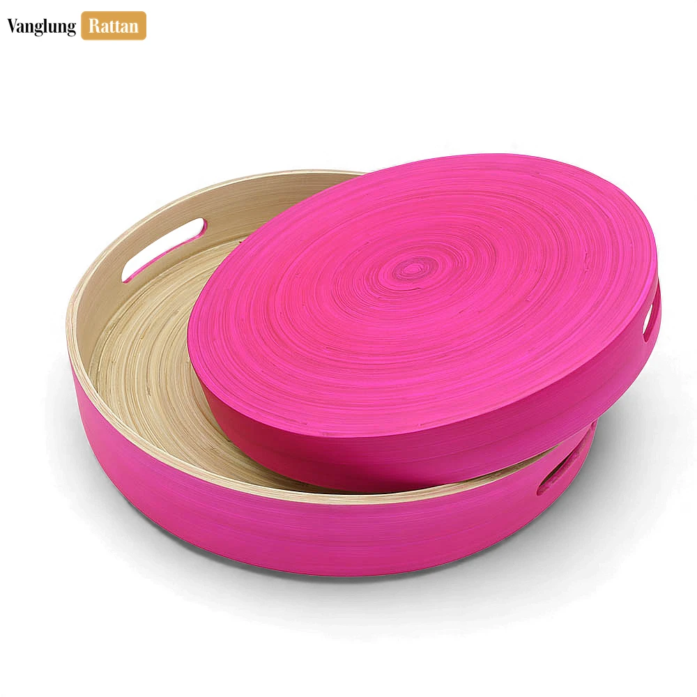 Rattan Export Set Round Coiled Bamboo Serving Tray - Modern Pink & Natural Color-Block Design - REX-STRO061001PISE