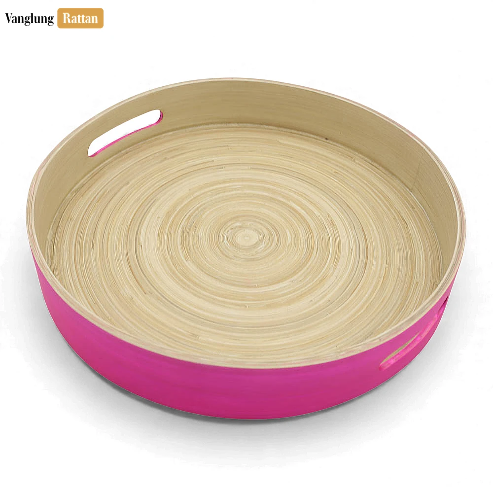 Rattan Export Set Round Coiled Bamboo Serving Tray - Modern Pink & Natural Color-Block Design - REX-STRO061001PISE