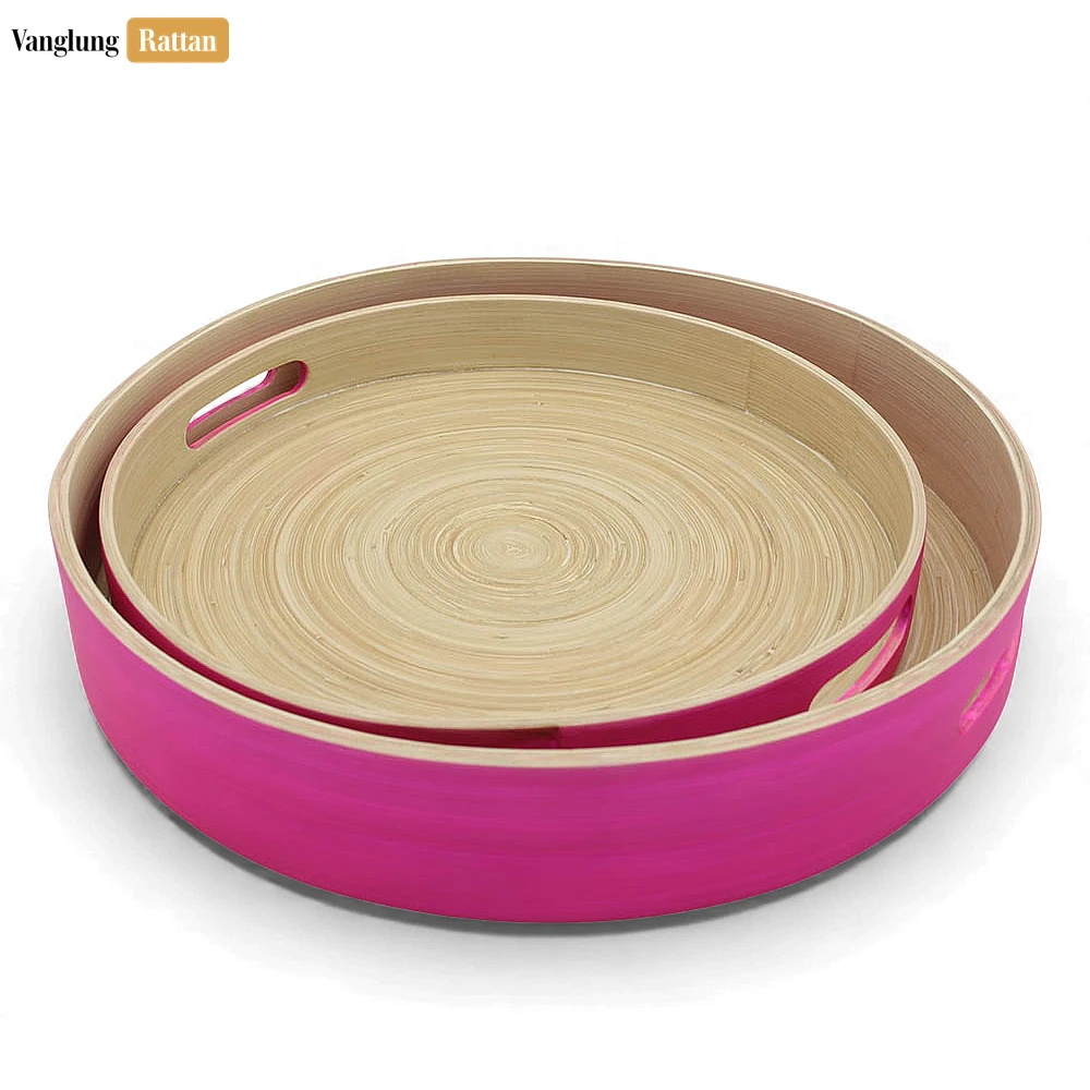 Rattan Export Set Round Coiled Bamboo Serving Tray - Modern Pink & Natural Color-Block Design - REX-STRO061001PISE