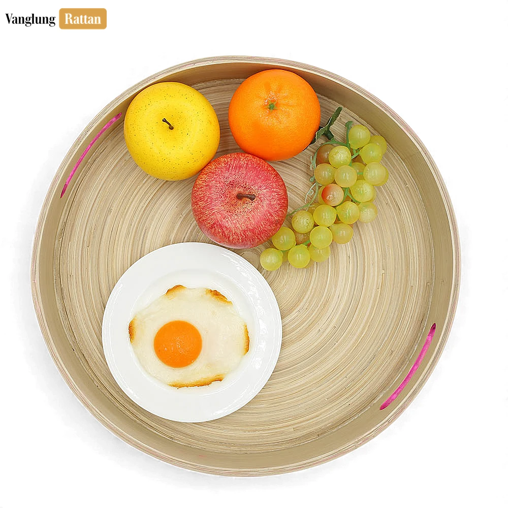 Rattan Export Set Round Coiled Bamboo Serving Tray - Modern Pink & Natural Color-Block Design - REX-STRO061001PISE