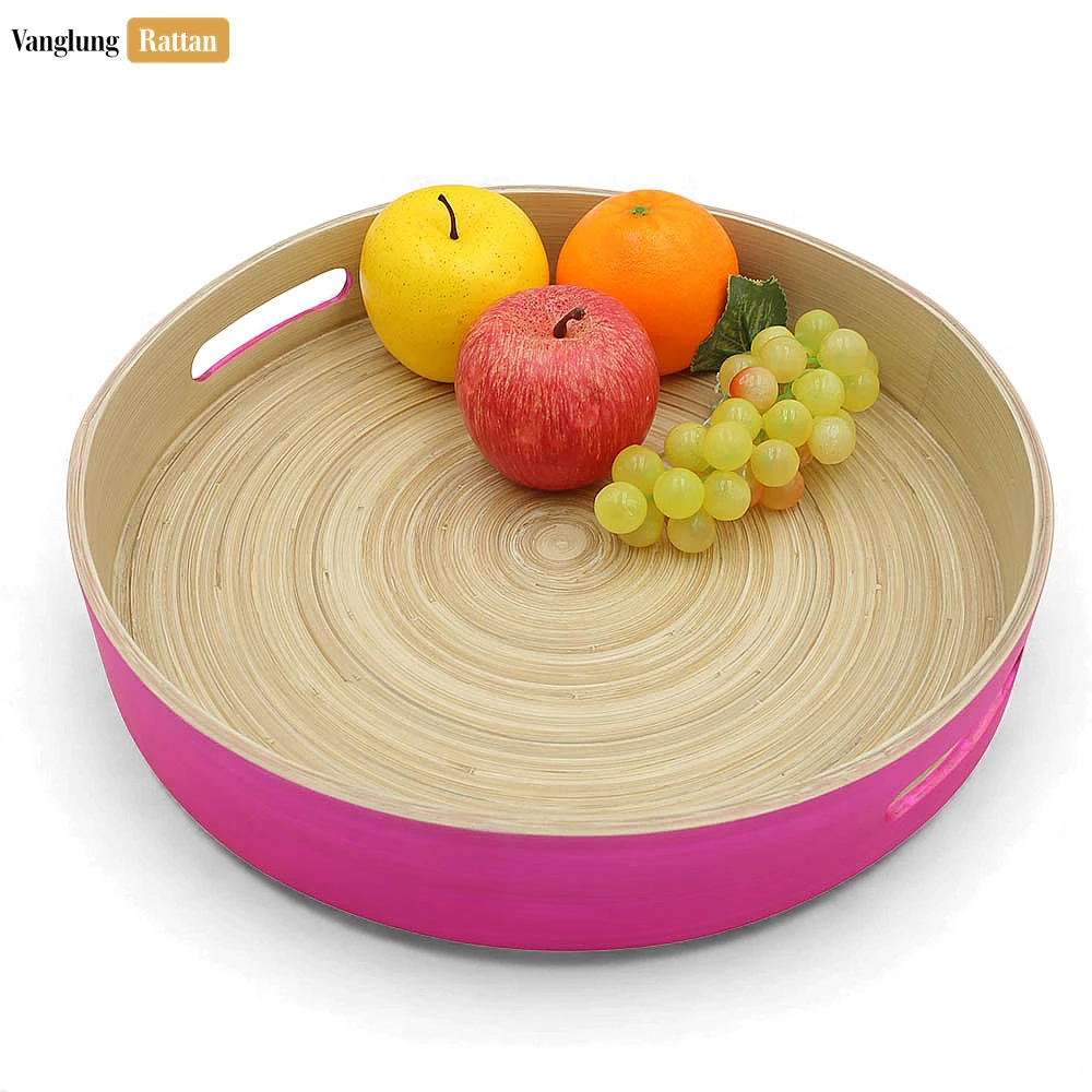 Rattan Export Set Round Coiled Bamboo Serving Tray - Modern Pink & Natural Color-Block Design - REX-STRO061001PISE