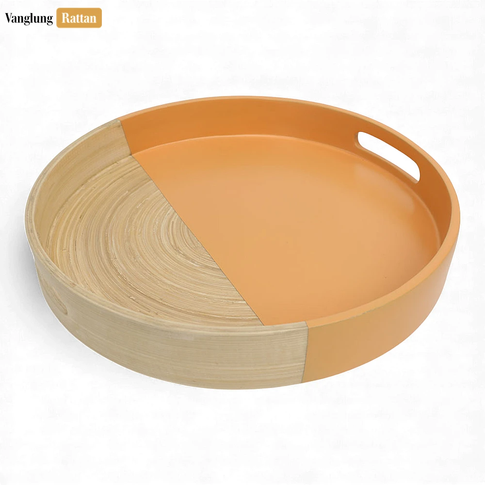 Rattan Export Round Coiled Bamboo Serving Tray - Modern Orange & Natural Color-Block Design - REX-STRO061001OR