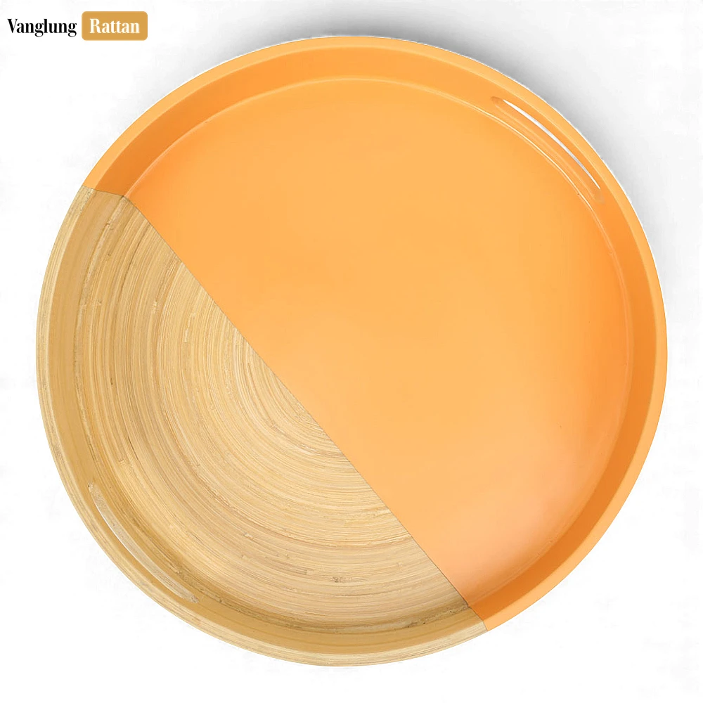 Rattan Export Round Coiled Bamboo Serving Tray - Modern Orange & Natural Color-Block Design - REX-STRO061001OR