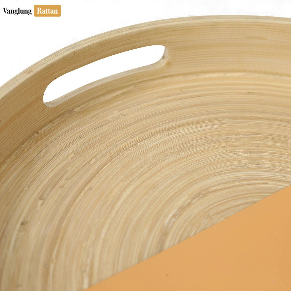 Rattan Export Round Coiled Bamboo Serving Tray - Modern Orange & Natural Color-Block Design - REX-STRO061001OR