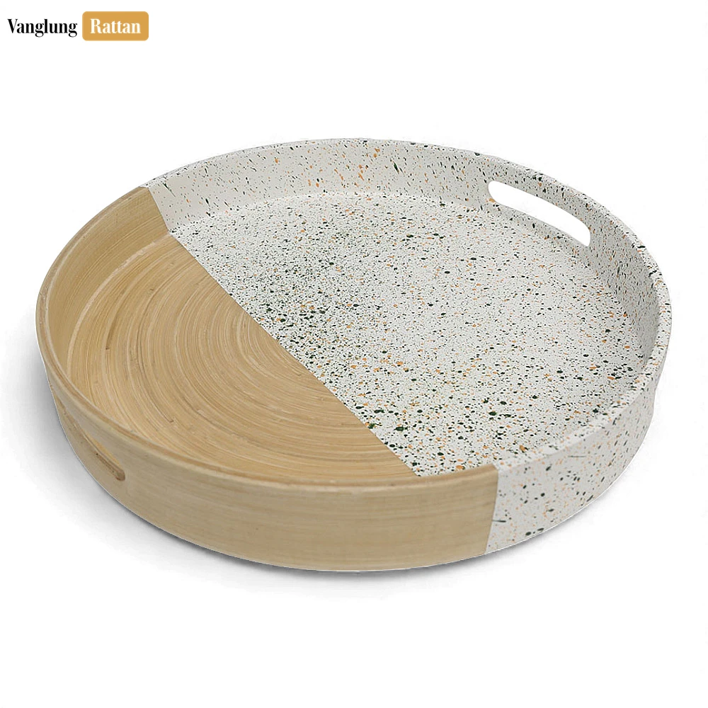 Rattan Export Round Coiled Bamboo Serving Tray - Modern Marble & Natural Color-Block Design - REX-STRO061001MA