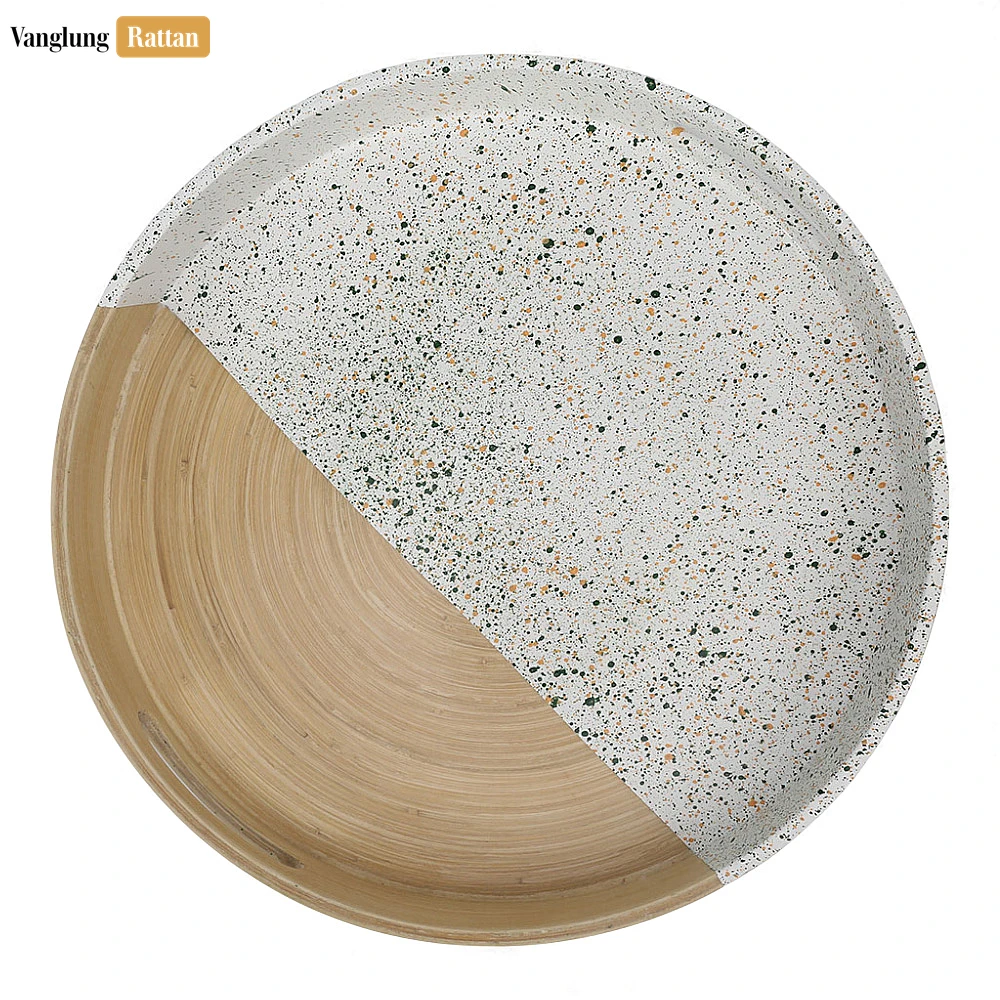 Rattan Export Round Coiled Bamboo Serving Tray - Modern Marble & Natural Color-Block Design - REX-STRO061001MA