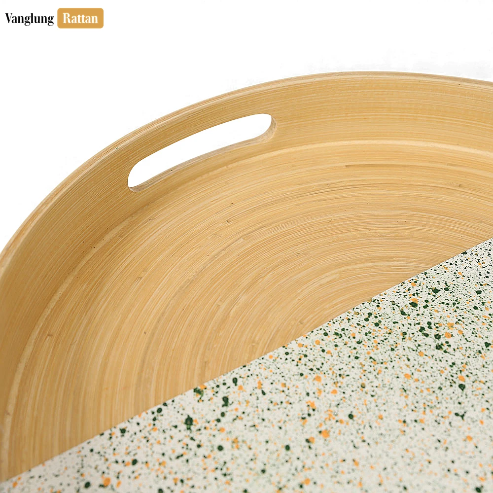 Rattan Export Round Coiled Bamboo Serving Tray - Modern Marble & Natural Color-Block Design - REX-STRO061001MA