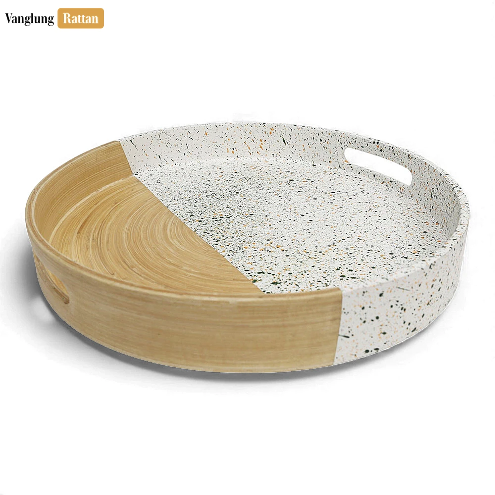 Rattan Export Round Coiled Bamboo Serving Tray - Modern Marble & Natural Color-Block Design - REX-STRO061001MA