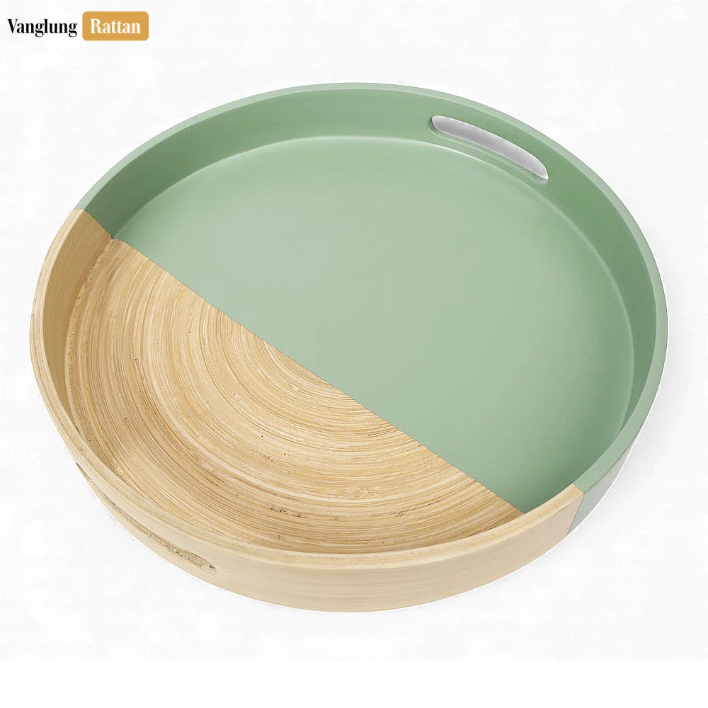 Rattan Export Round Coiled Bamboo Serving Tray - Modern Mint Green & Natural Color-Block Design - REX-STRO061001HA