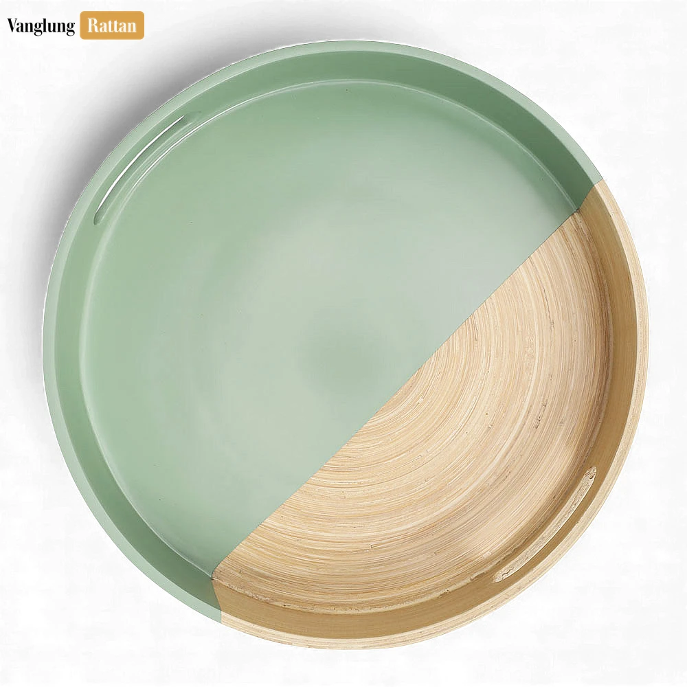 Rattan Export Round Coiled Bamboo Serving Tray - Modern Mint Green & Natural Color-Block Design - REX-STRO061001HA