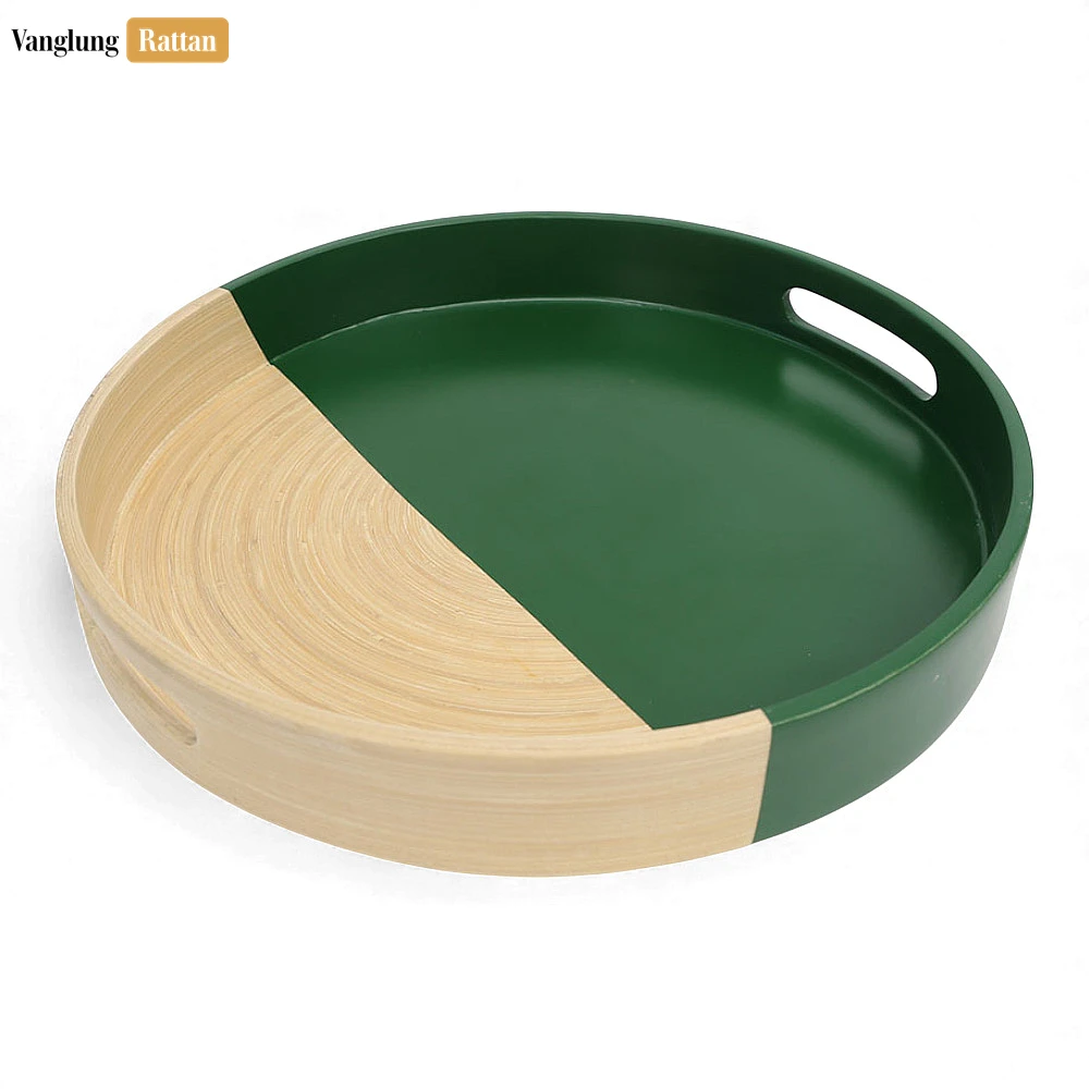 Rattan Export Round Coiled Bamboo Serving Tray - Modern Green & Natural Color-Block Design - REX-STRO061001GR