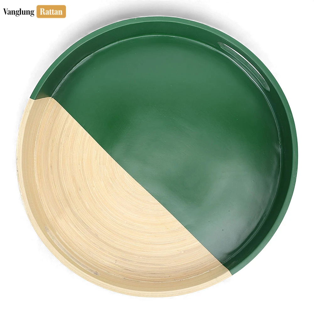 Rattan Export Round Coiled Bamboo Serving Tray - Modern Green & Natural Color-Block Design - REX-STRO061001GR