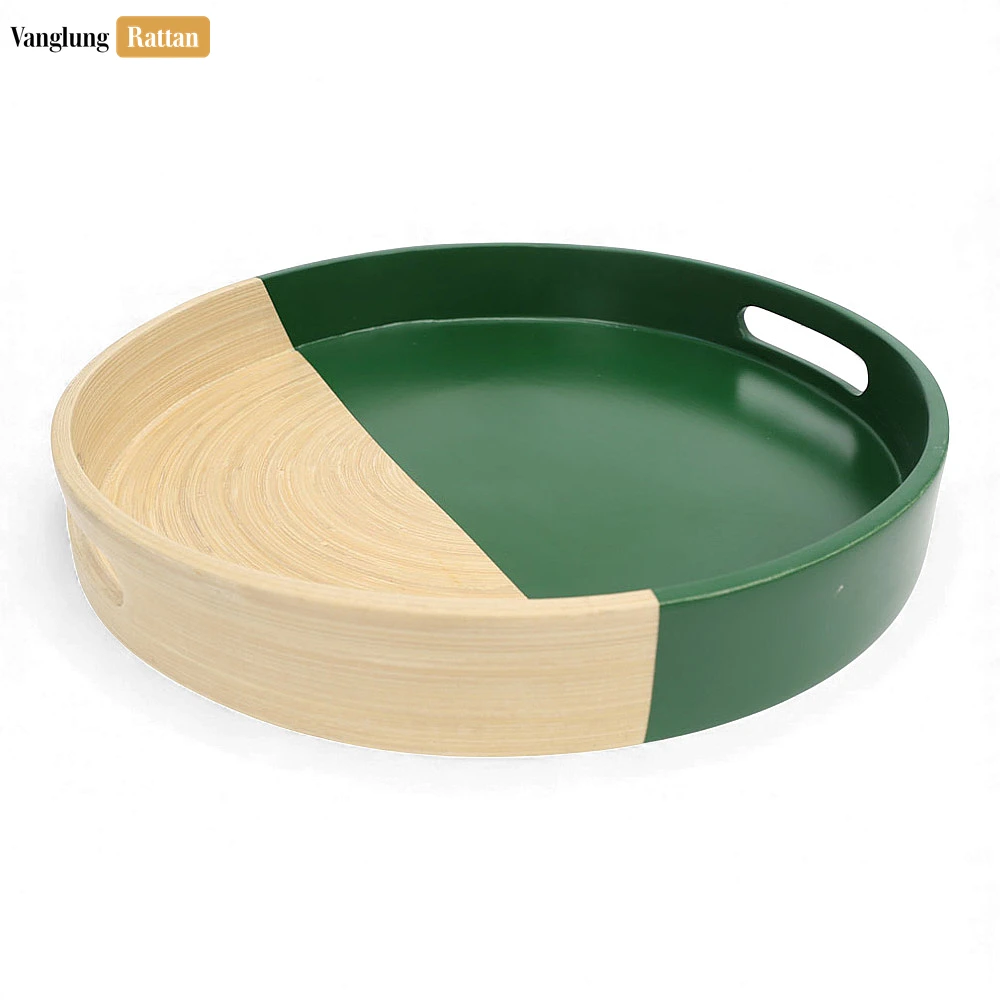 Rattan Export Round Coiled Bamboo Serving Tray - Modern Green & Natural Color-Block Design - REX-STRO061001GR