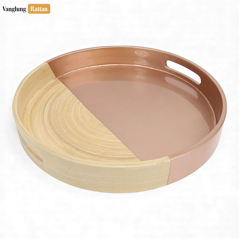 Rattan Export Round Coiled Bamboo Serving Tray - Modern Copper & Natural Color-Block Design - REX-STRO061001CU