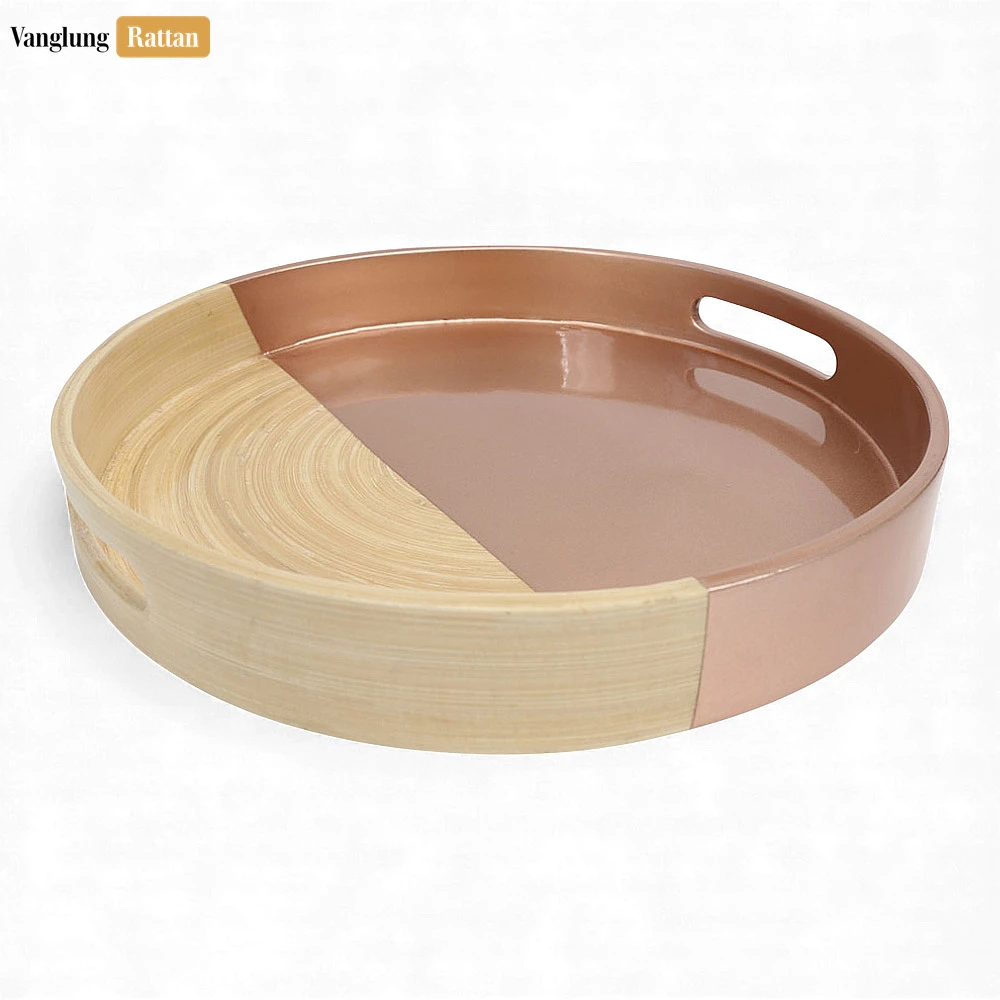 Rattan Export Round Coiled Bamboo Serving Tray - Modern Copper & Natural Color-Block Design - REX-STRO061001CU