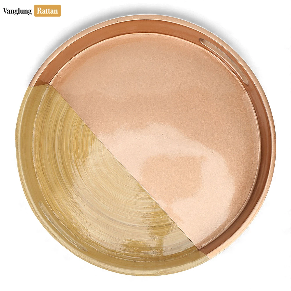 Rattan Export Round Coiled Bamboo Serving Tray - Modern Copper & Natural Color-Block Design - REX-STRO061001CU