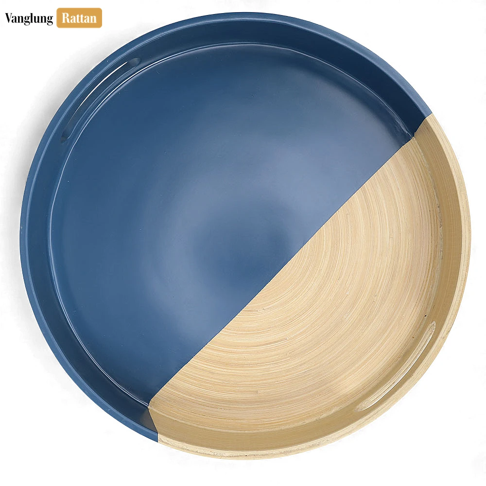 Rattan Export Round Coiled Bamboo Serving Tray - Modern Blue & Natural Color-Block Design - REX-STRO061001BLU
