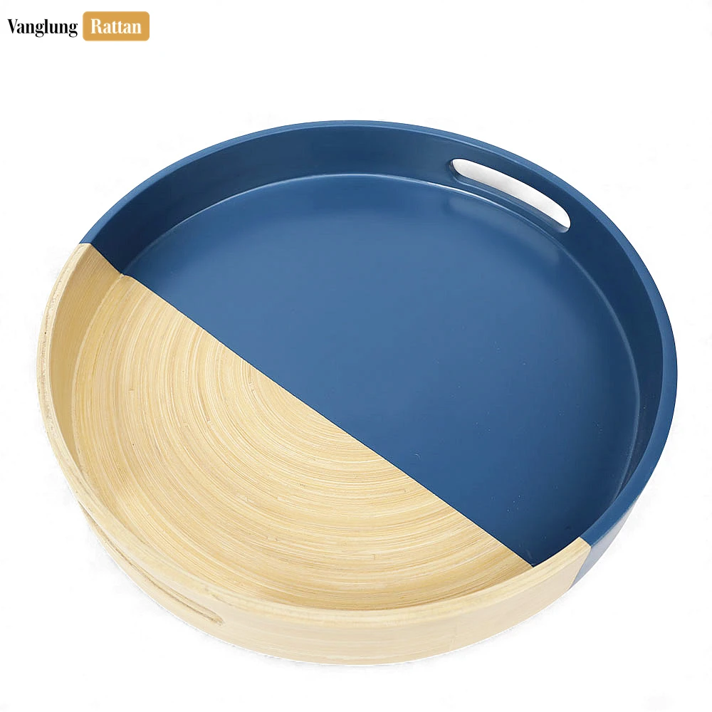 Rattan Export Round Coiled Bamboo Serving Tray - Modern Blue & Natural Color-Block Design - REX-STRO061001BLU
