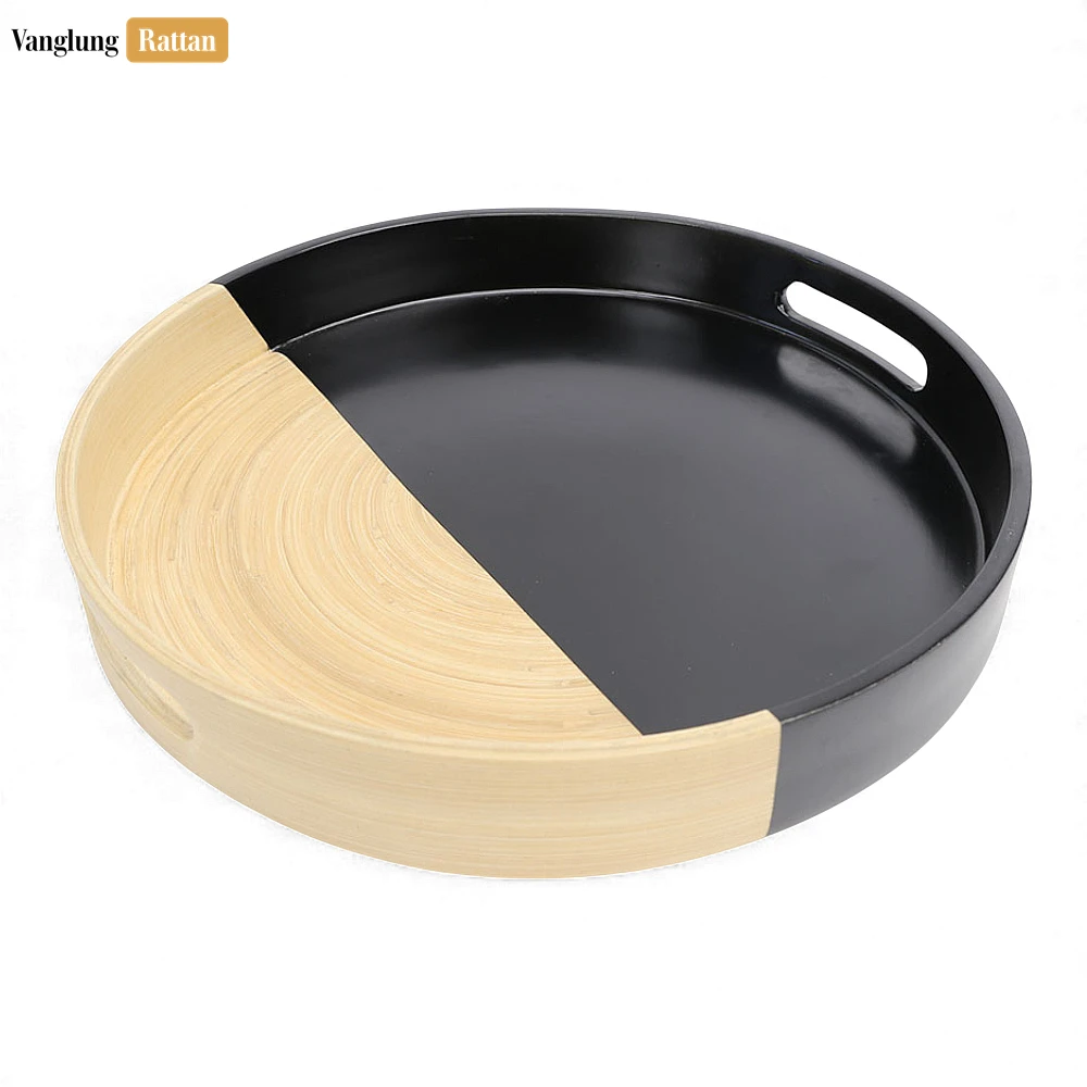 Rattan Export Round Coiled Bamboo Serving Tray - Modern Black & Natural Color-Block Design - REX-STRO061001BL