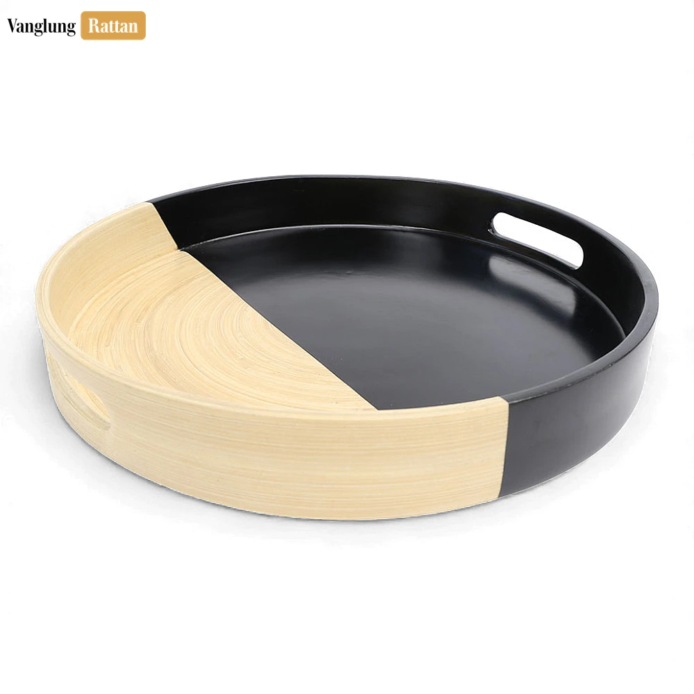Rattan Export Round Coiled Bamboo Serving Tray - Modern Black & Natural Color-Block Design - REX-STRO061001BL