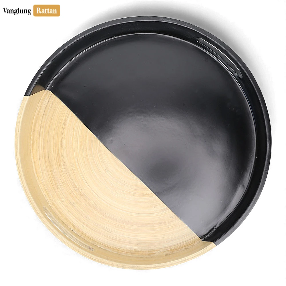 Rattan Export Round Coiled Bamboo Serving Tray - Modern Black & Natural Color-Block Design - REX-STRO061001BL