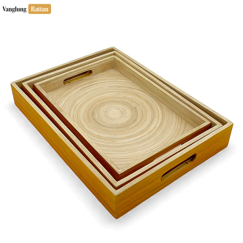 Rattan Export Set Rectangular Orange Coiled Bamboo Serving Tray - Straight-Edge Box Design - REX-STCN061002ORSE