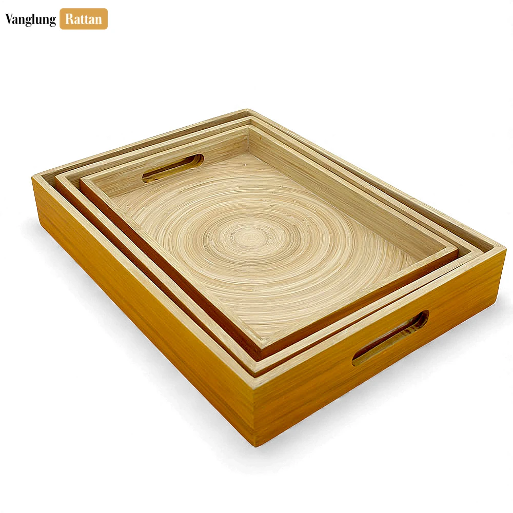 Rattan Export Set Rectangular Orange Coiled Bamboo Serving Tray - Straight-Edge Box Design - REX-STCN061002ORSE