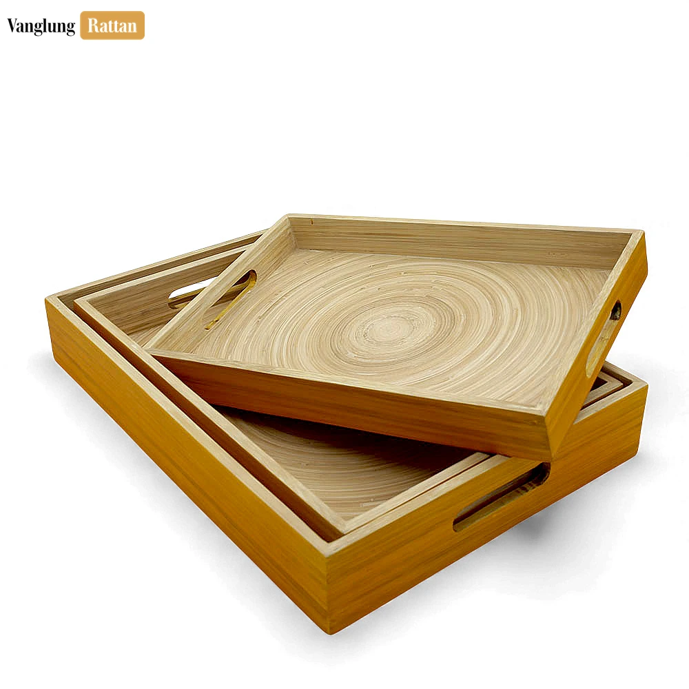 Rattan Export Set Rectangular Orange Coiled Bamboo Serving Tray - Straight-Edge Box Design - REX-STCN061002ORSE