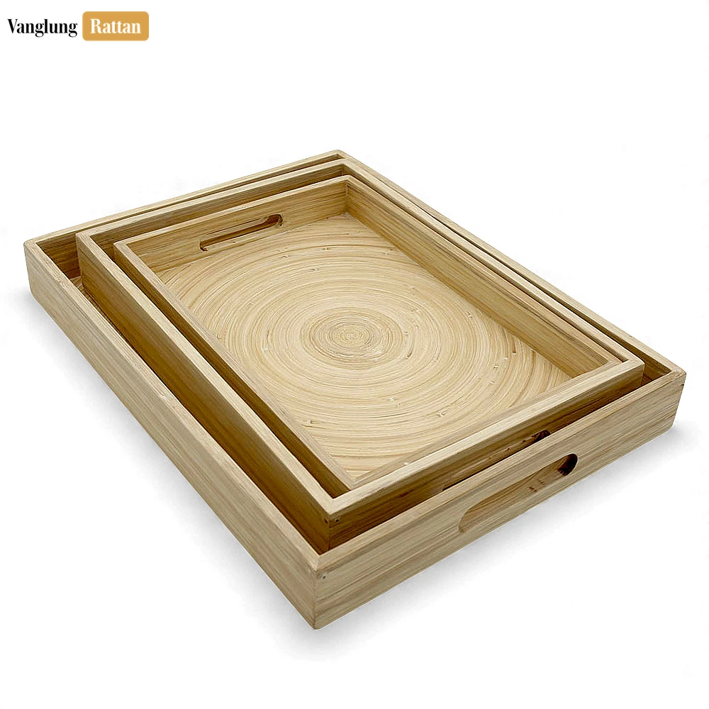 Rattan Export Set Rectangular Natural Coiled Bamboo Serving Tray - Straight-Edge Box Design - REX-STCN061002NASE