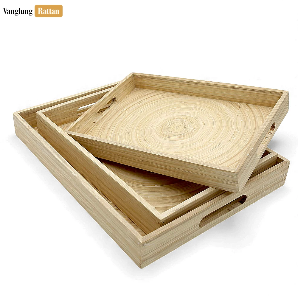 Rattan Export Set Rectangular Natural Coiled Bamboo Serving Tray - Straight-Edge Box Design - REX-STCN061002NASE