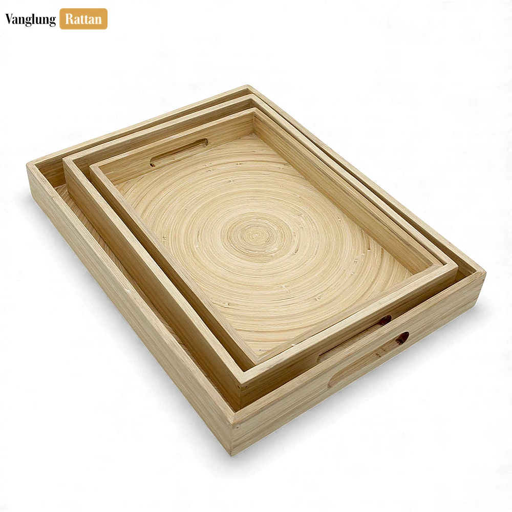Rattan Export Set Rectangular Natural Coiled Bamboo Serving Tray - Straight-Edge Box Design - REX-STCN061002NASE