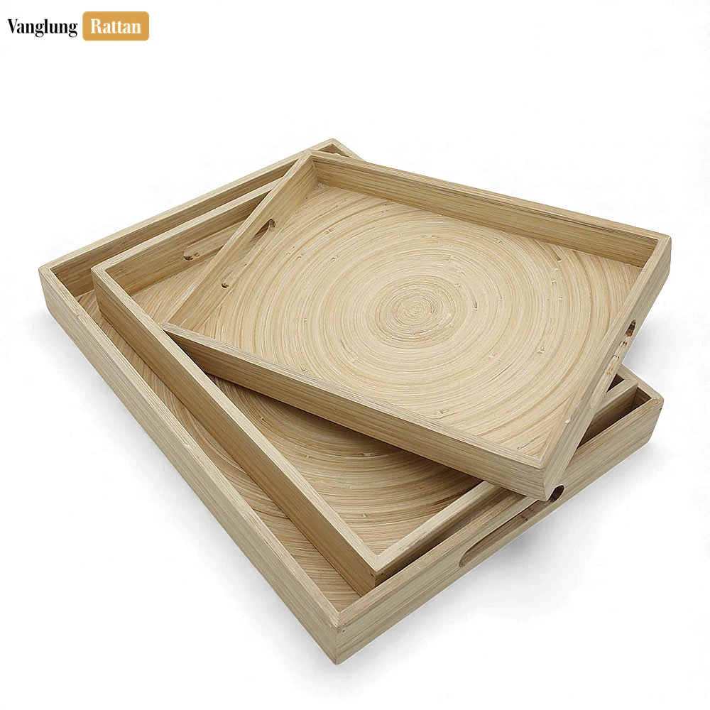 Rattan Export Set Rectangular Natural Coiled Bamboo Serving Tray - Straight-Edge Box Design - REX-STCN061002NASE