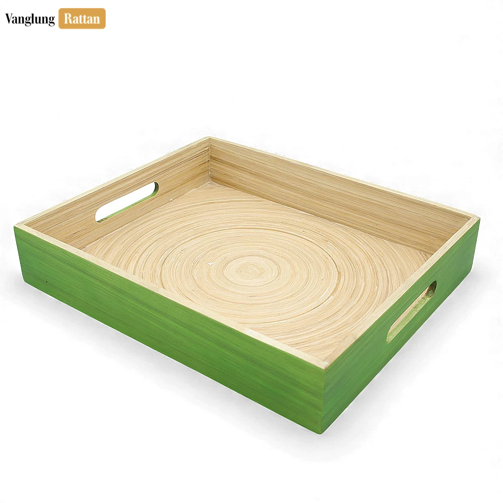 Rattan Export Rectangular Green Coiled Bamboo Serving Tray - Straight-Edge Box Design - REX-STCN061002GR