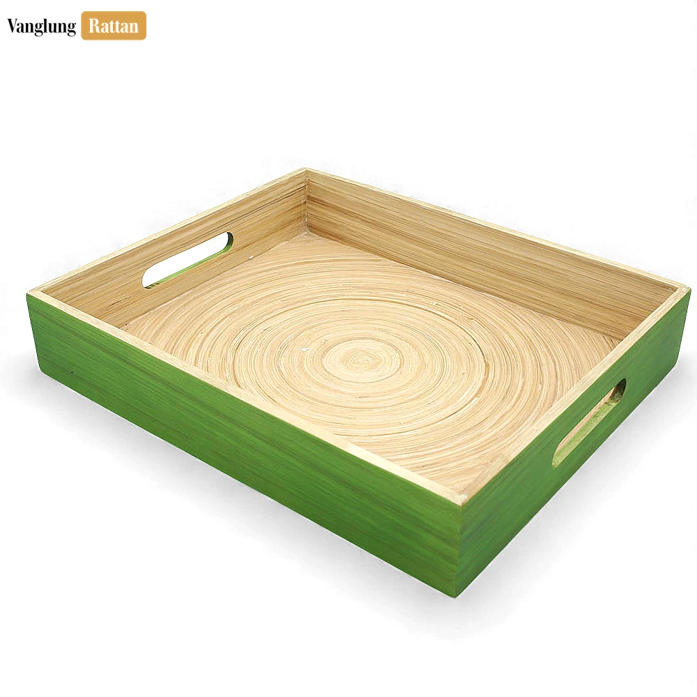 Rattan Export Rectangular Green Coiled Bamboo Serving Tray - Straight-Edge Box Design - REX-STCN061002GR
