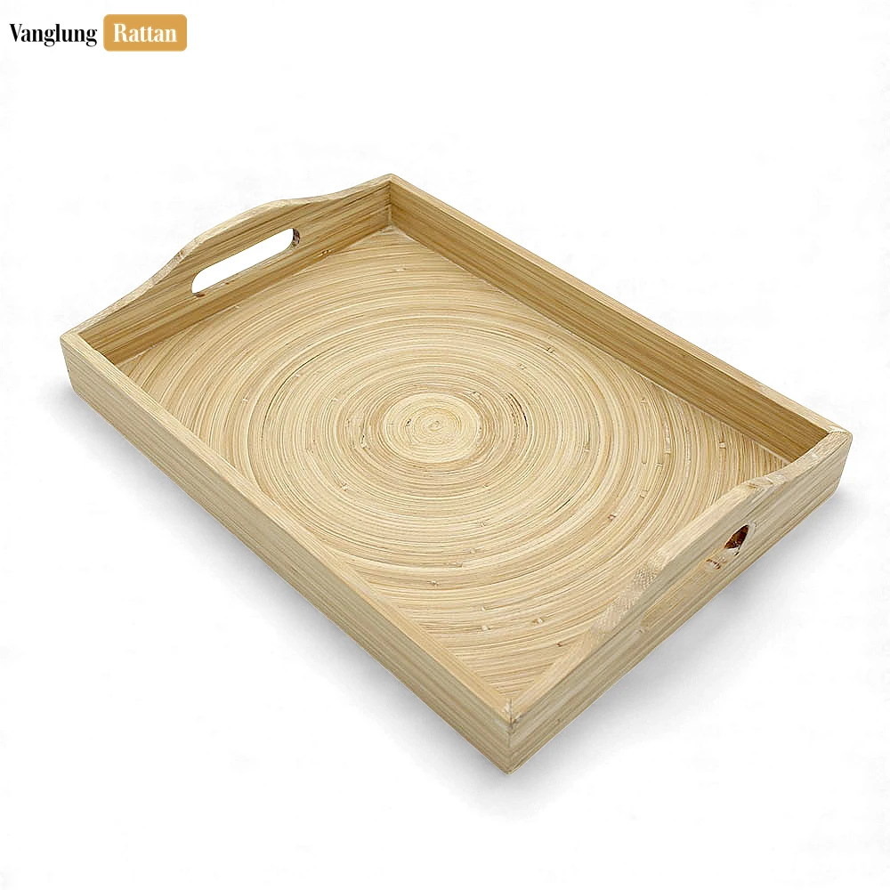 Rattan Export Eco-Friendly Natural Coiled Bamboo Organizer Tray - Rectangle Serving Platter with Handles - REX-STCN061001NA