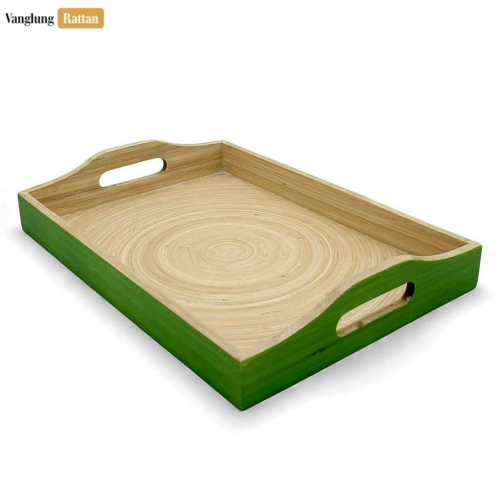 Rattan Export Eco-Friendly Green Coiled Bamboo Organizer Tray - Rectangle Serving Platter with Handles - REX-STCN061001GR