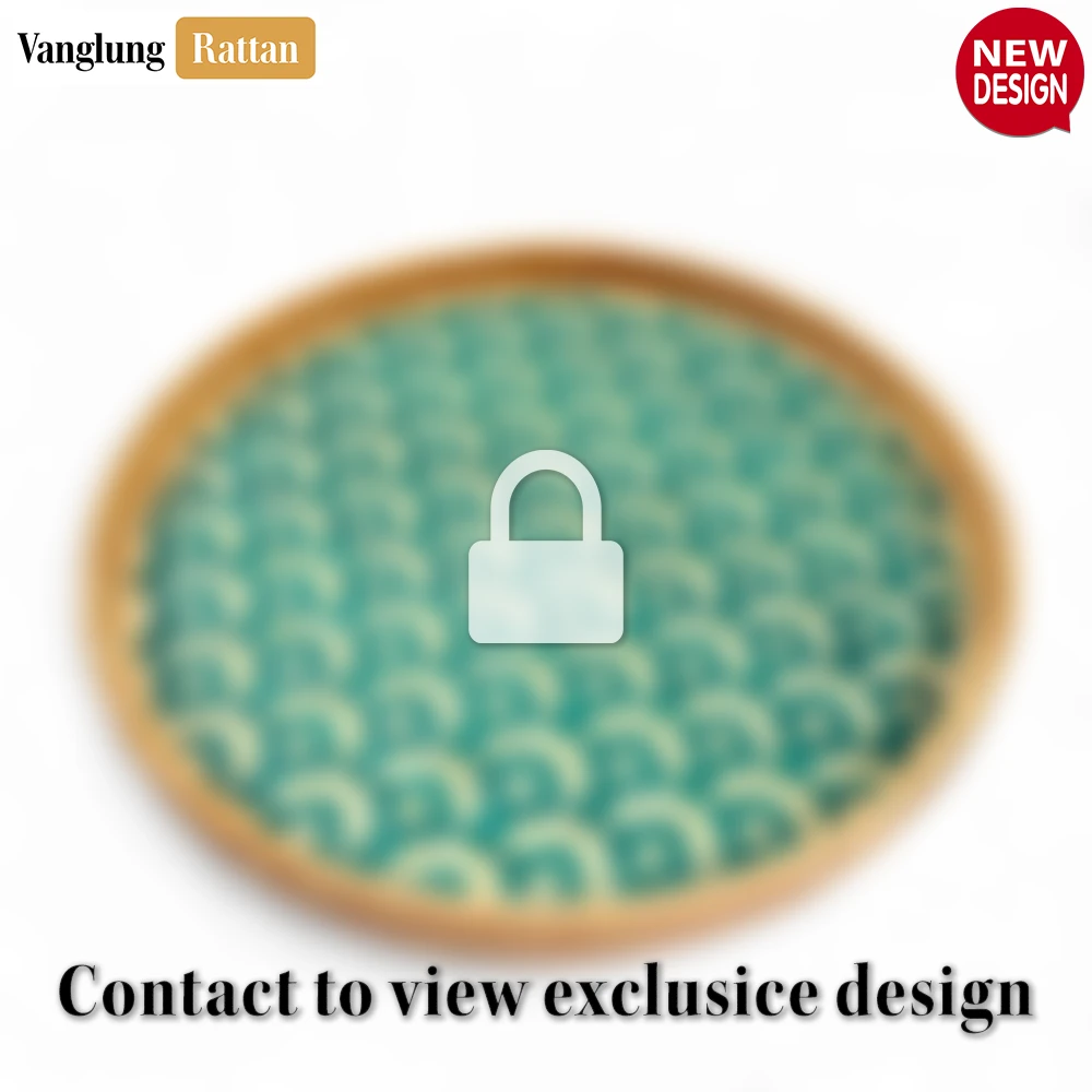 Rattan Export Round Handwoven Bamboo Rattan Serving Tray with Green Japan Pattern - REX-STRO013004JP
