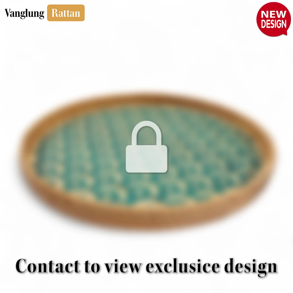 Rattan Export Round Handwoven Bamboo Rattan Serving Tray with Green Japan Pattern - REX-STRO013004JP