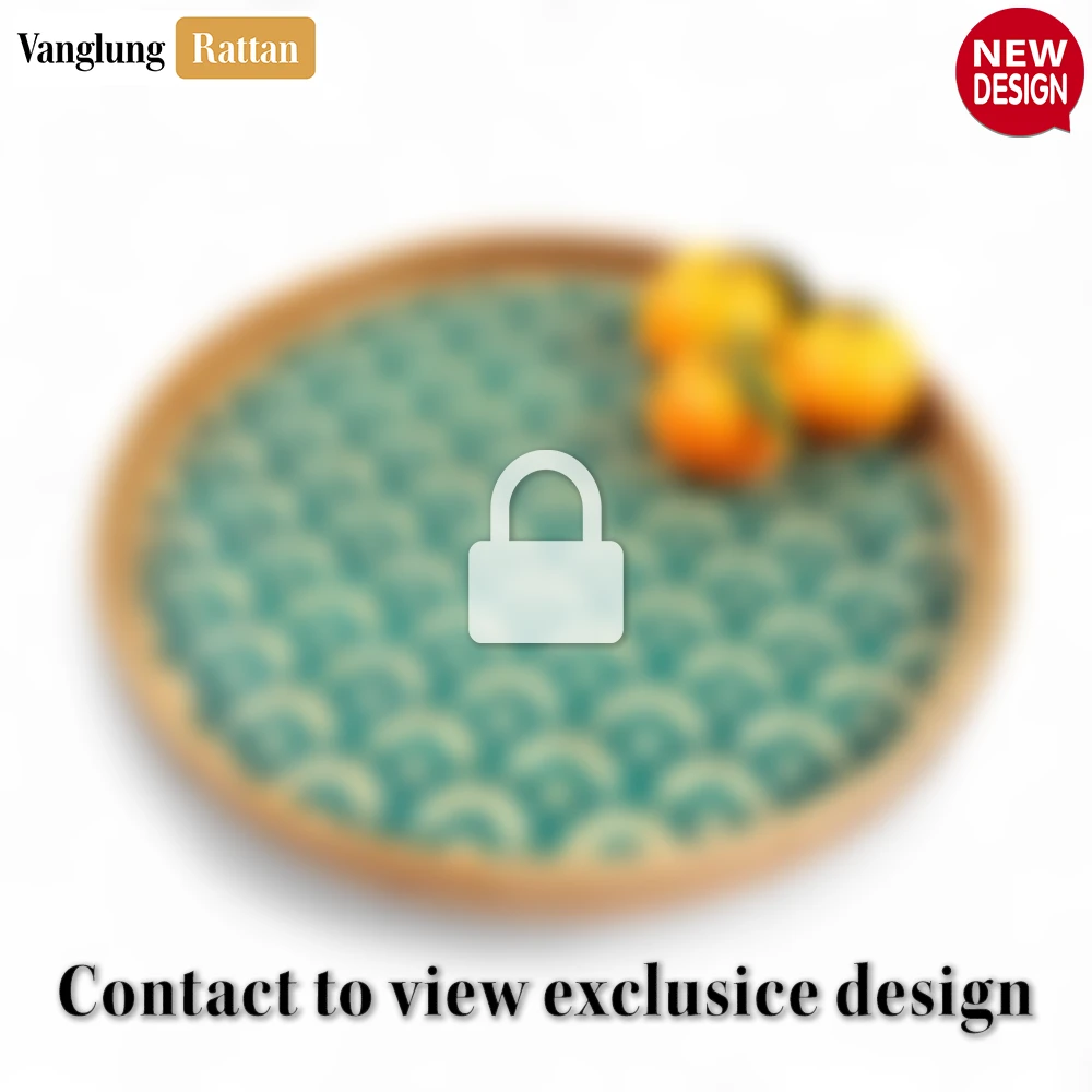 Rattan Export Round Handwoven Bamboo Rattan Serving Tray with Green Japan Pattern - REX-STRO013004JP